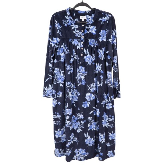 Aria Collection Fleece Nightgown M Womens Floral Navy Blue Long Sleeve Buttons - Picture 1 of 6
